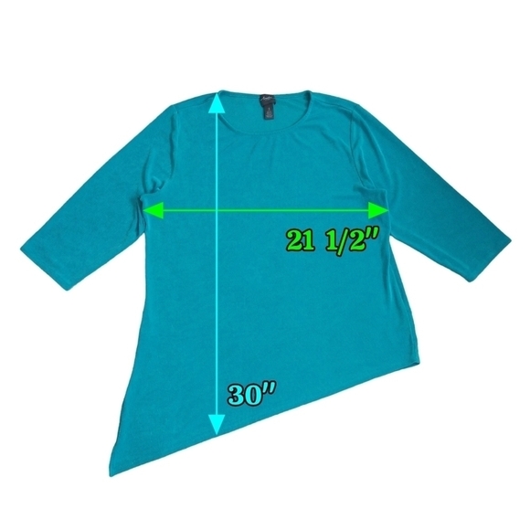 Chico's Travelers Blue Slinky Knit 3/4 Sleeve Tunic Asymmetrical Hem Stretchy - Picture 2 of 10